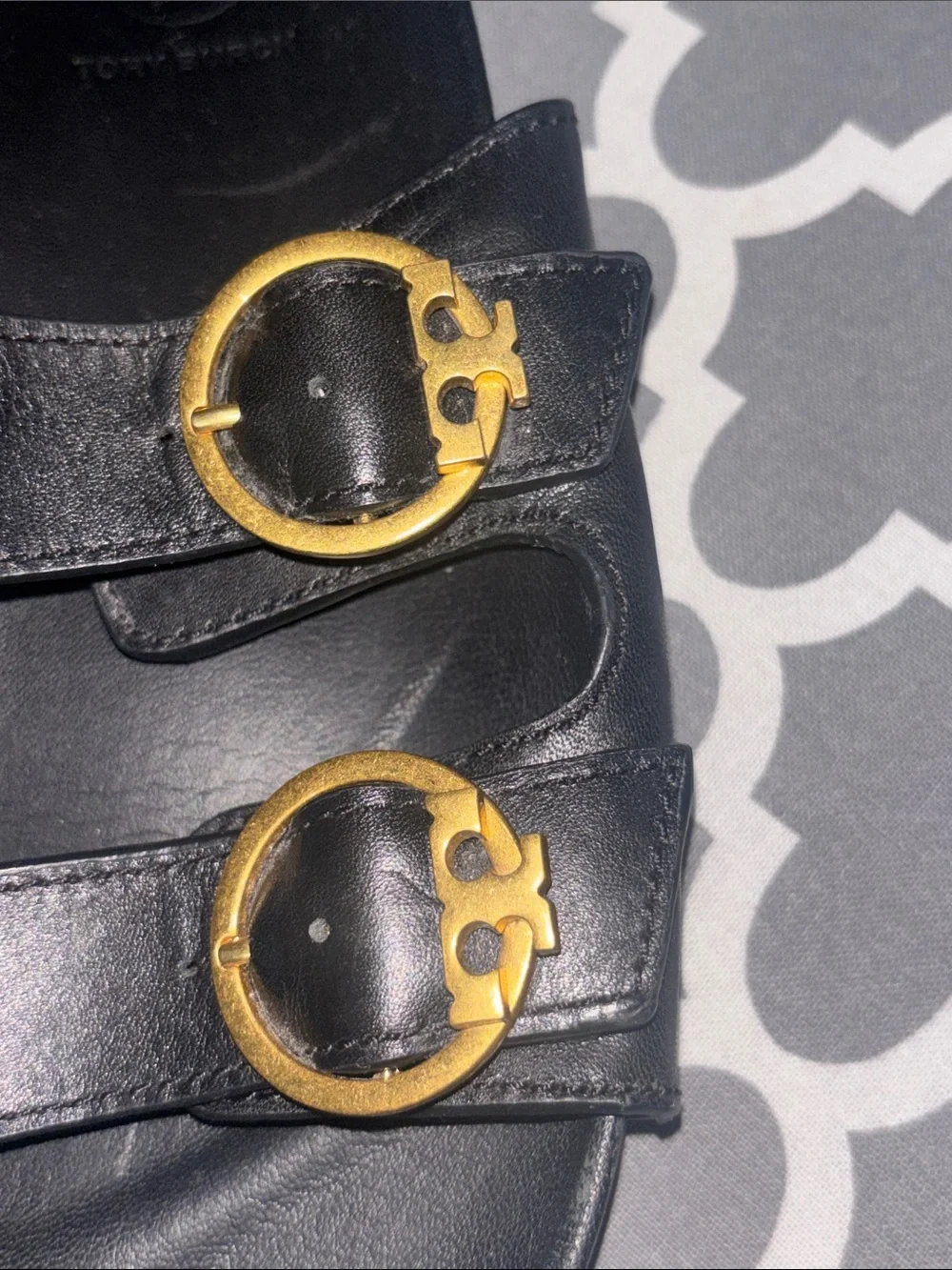 Tory Burch Black Leather Double-Buckle Slide Sandals with Gold Hardware